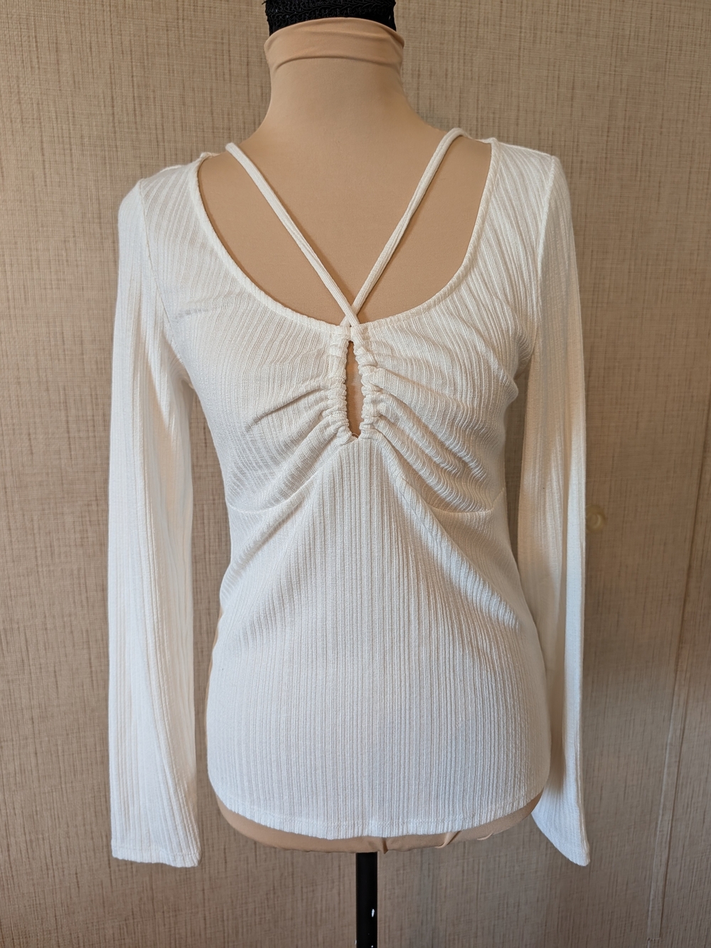 H&M White Ribbed Long Sleeve Top with Ruched Front and Cross- Straps